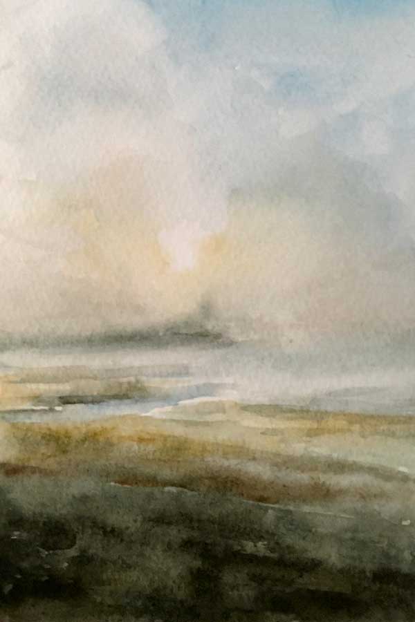 watercolour sketch of Port Logan beach with a heavy sea mist