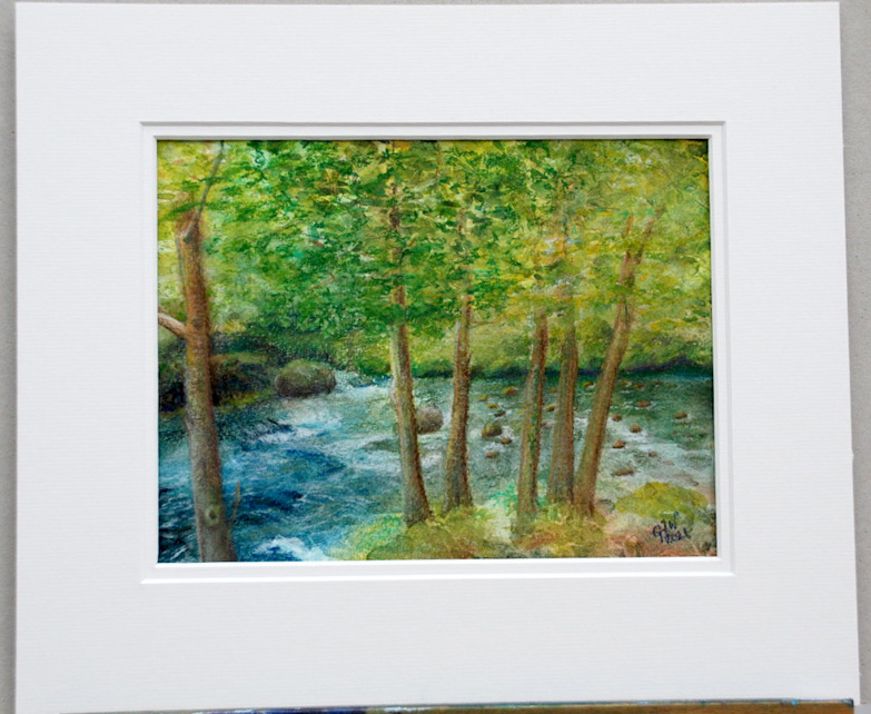 photo of a watercolour and pastel painting of the river Brathay at Ambleside